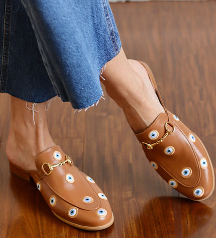 Mada Mule – Caramel Leather with Embroidered Greek Eyes