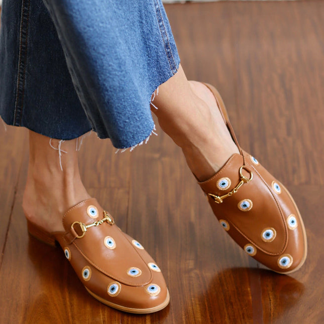 Mada Mule – Caramel Leather with Embroidered Greek Eyes