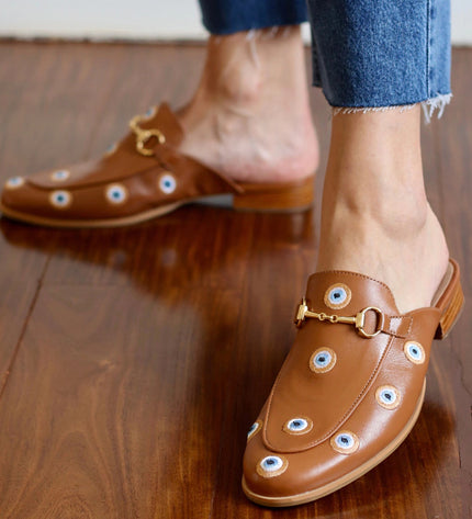 Mada Mule – Caramel Leather with Embroidered Greek Eyes