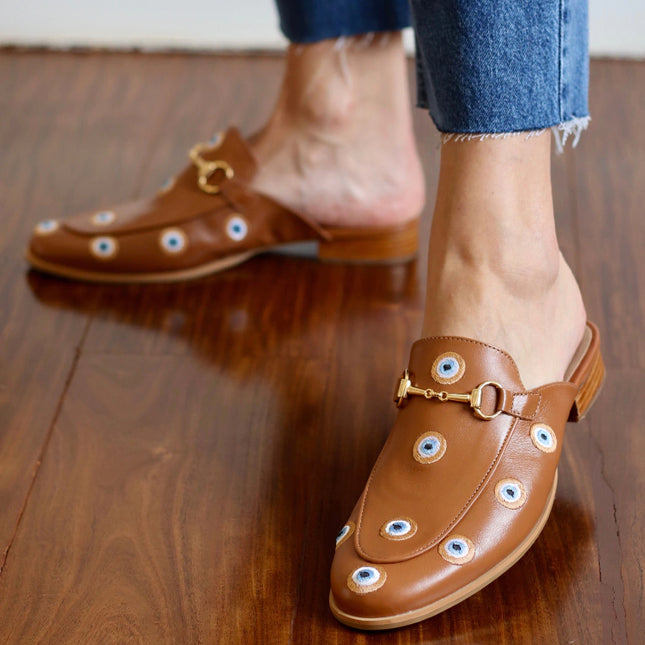 Mada Mule – Caramel Leather with Embroidered Greek Eyes