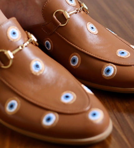 Mada Mule – Caramel Leather with Embroidered Greek Eyes