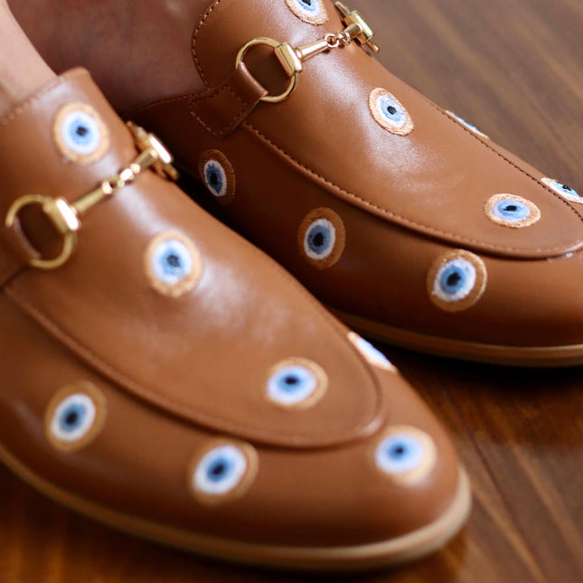 Mada Mule – Caramel Leather with Embroidered Greek Eyes
