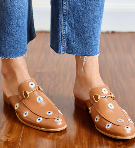 Mada Mule – Caramel Leather with Embroidered Greek Eyes