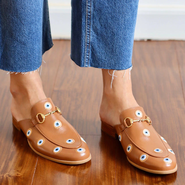 Mada Mule – Caramel Leather with Embroidered Greek Eyes