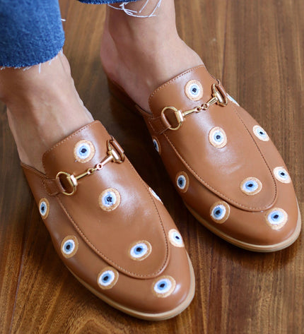 Mada Mule – Caramel Leather with Embroidered Greek Eyes