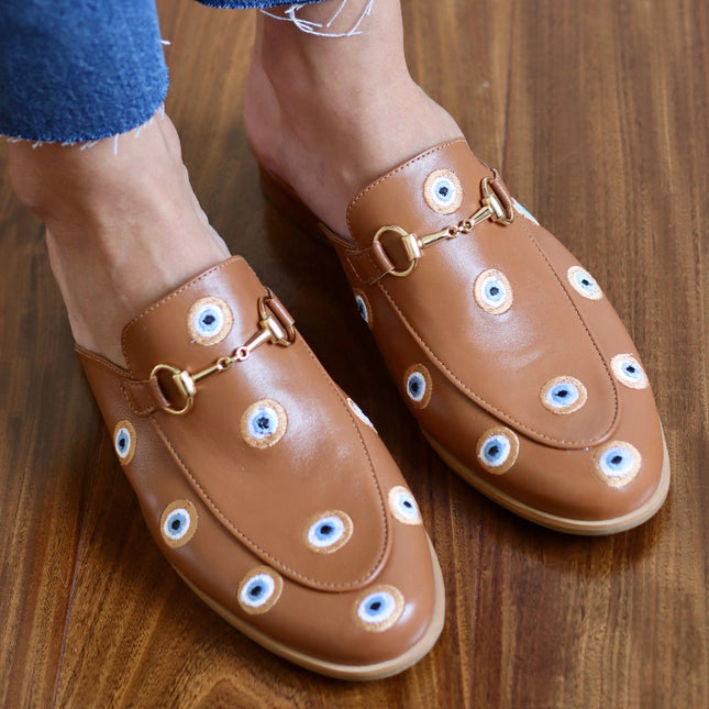 Mada Mule – Caramel Leather with Embroidered Greek Eyes
