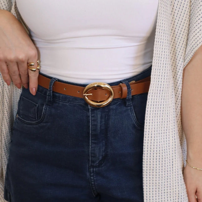 Olga Belt – Caramel with Gold Oval Buckle