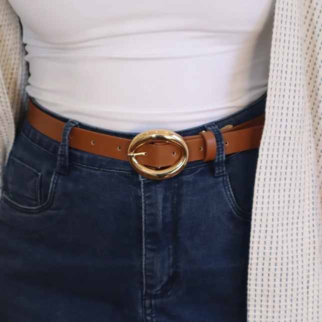 Olga Belt – Caramel with Gold Oval Buckle