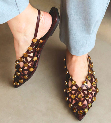 Olivia Slingback Flat – Brown Laser-Cut Leather with Gold Studs