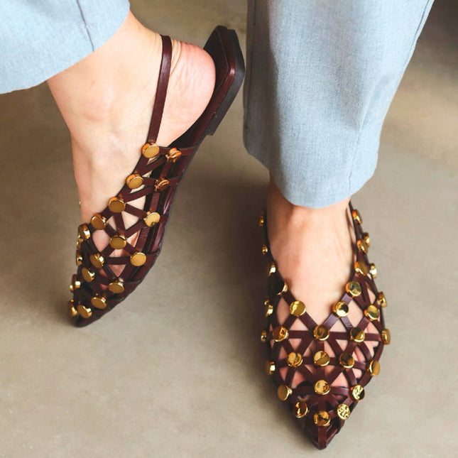 Olivia Slingback Flat – Brown Laser-Cut Leather with Gold Studs