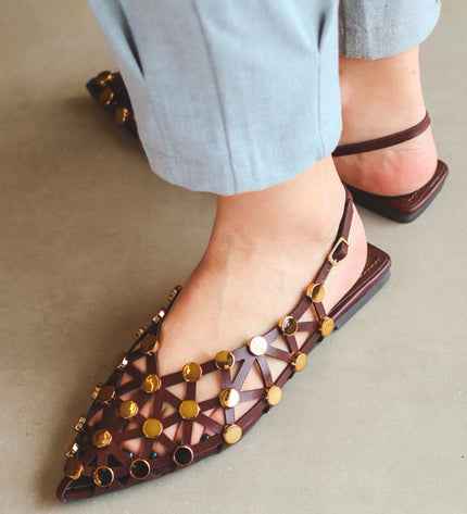 Olivia Slingback Flat – Brown Laser-Cut Leather with Gold Studs