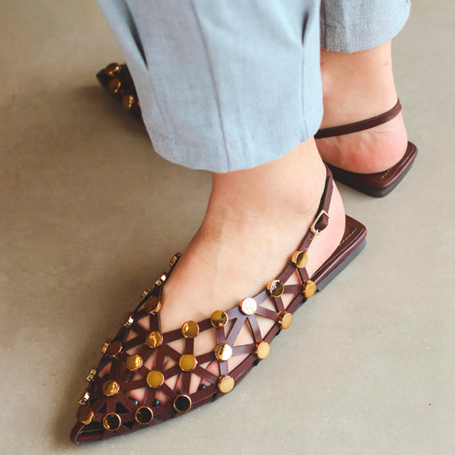 Olivia Slingback Flat – Brown Laser-Cut Leather with Gold Studs