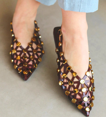 Olivia Slingback Flat – Brown Laser-Cut Leather with Gold Studs