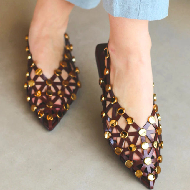 Olivia Slingback Flat – Brown Laser-Cut Leather with Gold Studs